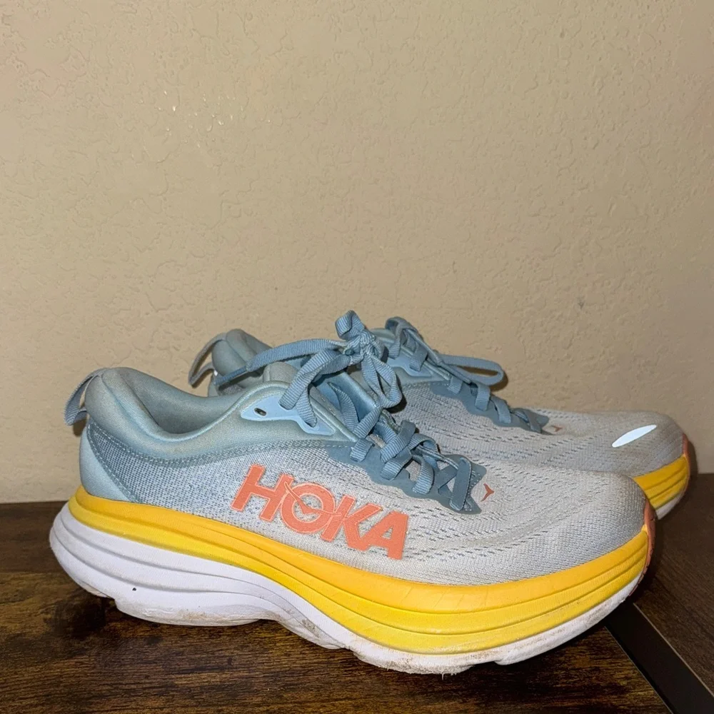 Hoka Light bondi 8 Blue and Yellow Women's Running Shoes - Picture 1 of 7